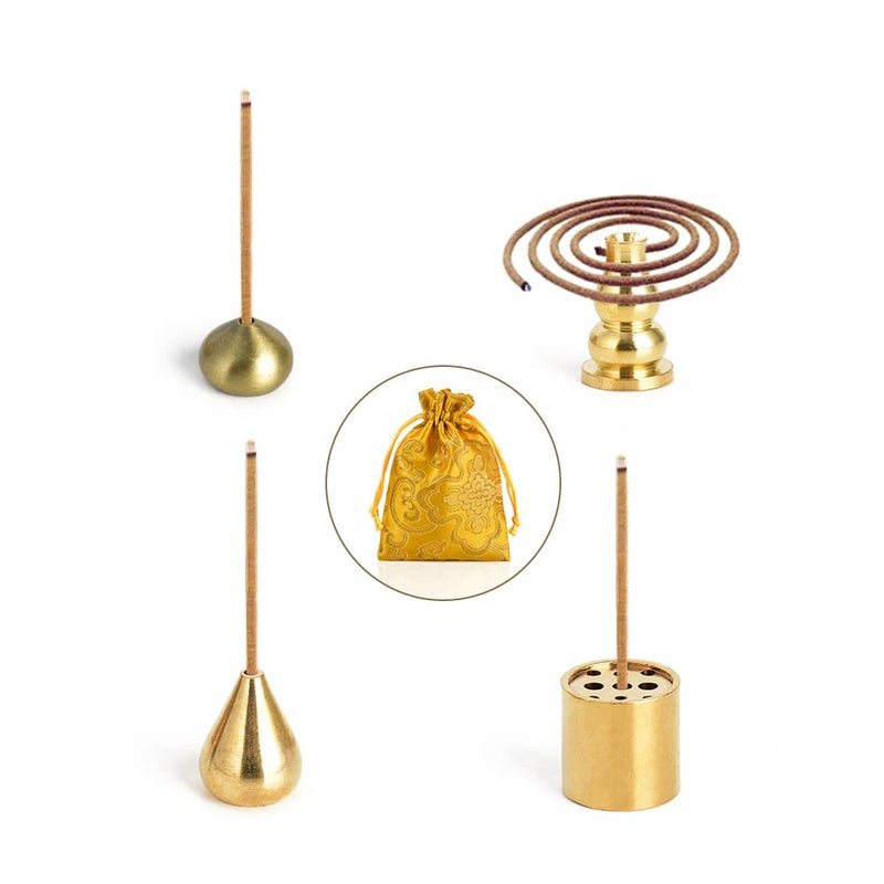 HOKPA Sakura Flower Incense Holder, 5PCS Bronze Incense Burner Holder with Silk Pouch, Two Styles Drop-Shape, Cylinder Multihole and Gourd-Shape Ash Catcher Yoga Room Bedroom Home Fragrance - Image 3